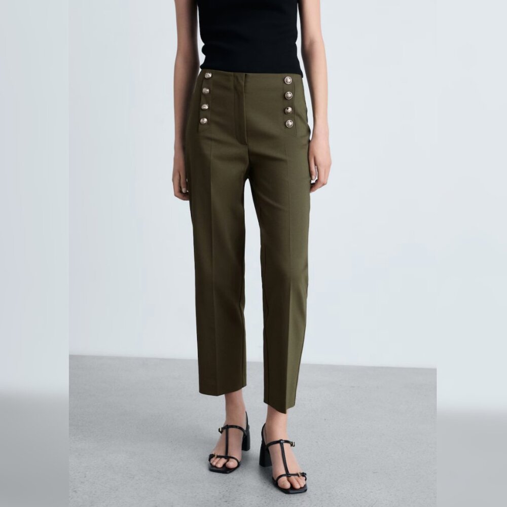 Mango Khaki Green Straight Pants with Jewel Buttons